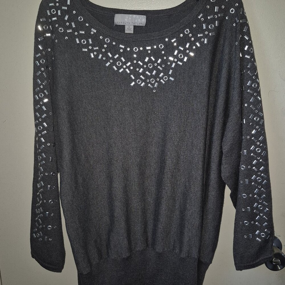 Carolyn Taylor Sweater Solid Gray w/Silver Accents Sequins Women's Size M NEW!!